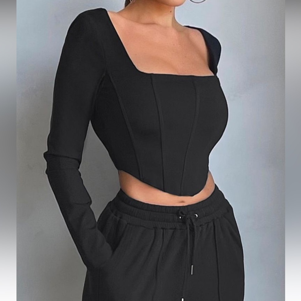 Club L London Black Long Sleeve Corset Crop Top – Size US 2 / S